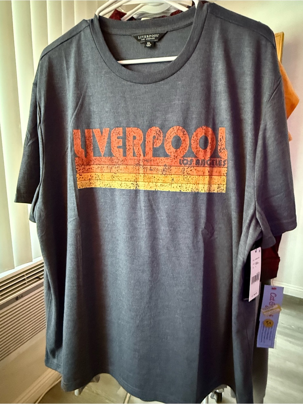 Liverpool charcoal graphic tee with orange and yellow stripes